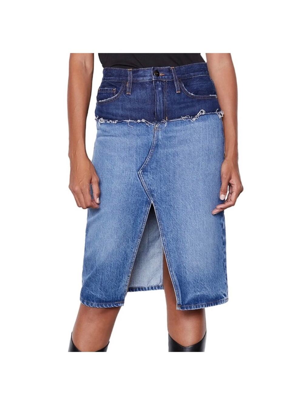 FRAME Reconstructed Ombre Denim Midi Skirt Indigo 27 Blue Two Tone Front Slit